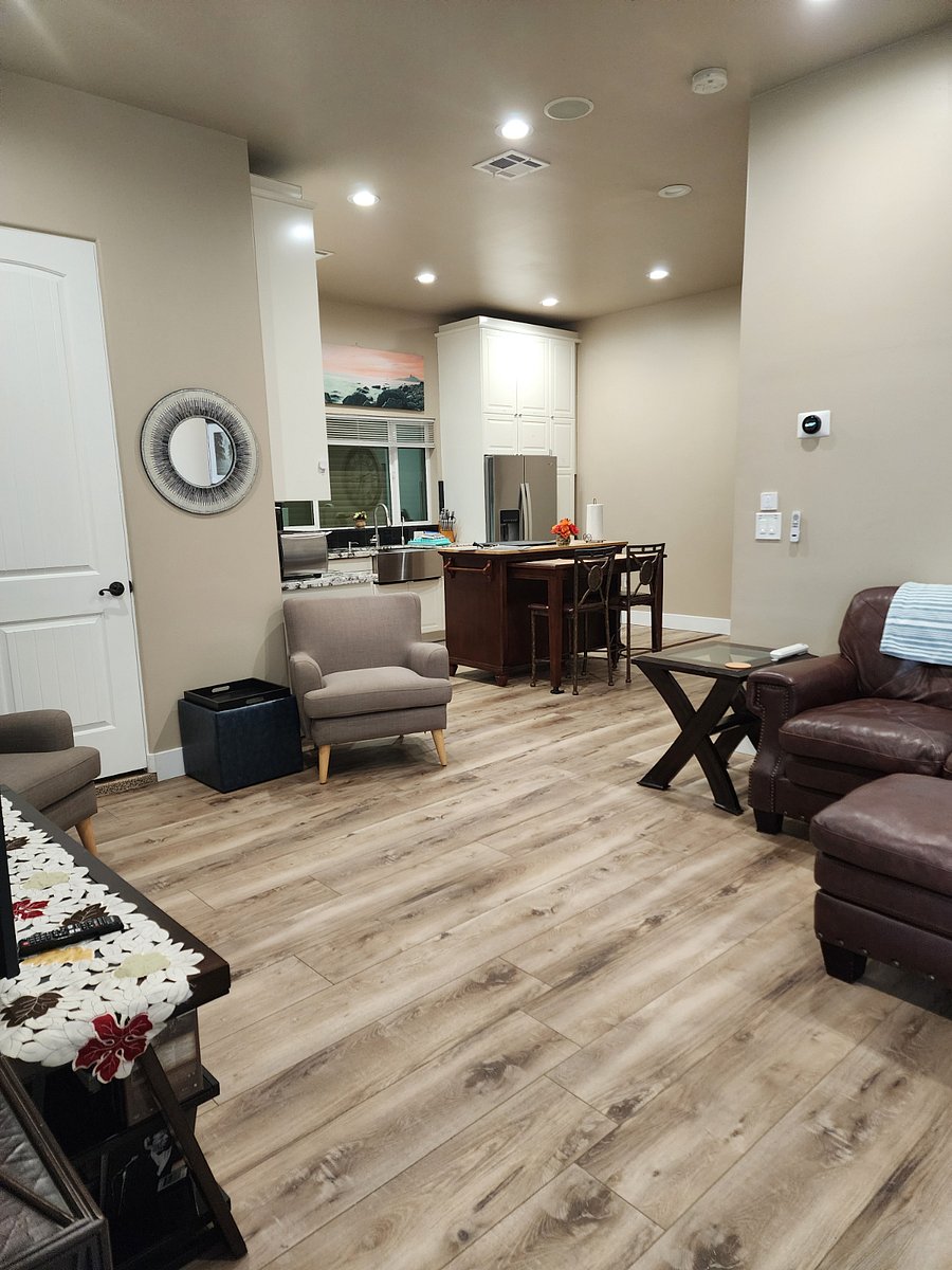 Full kitchen with island.  Pull out table.  Full size refrig,  stove/oven.  Coffee maker with creamer.  Hot water kettle and many more amenities 