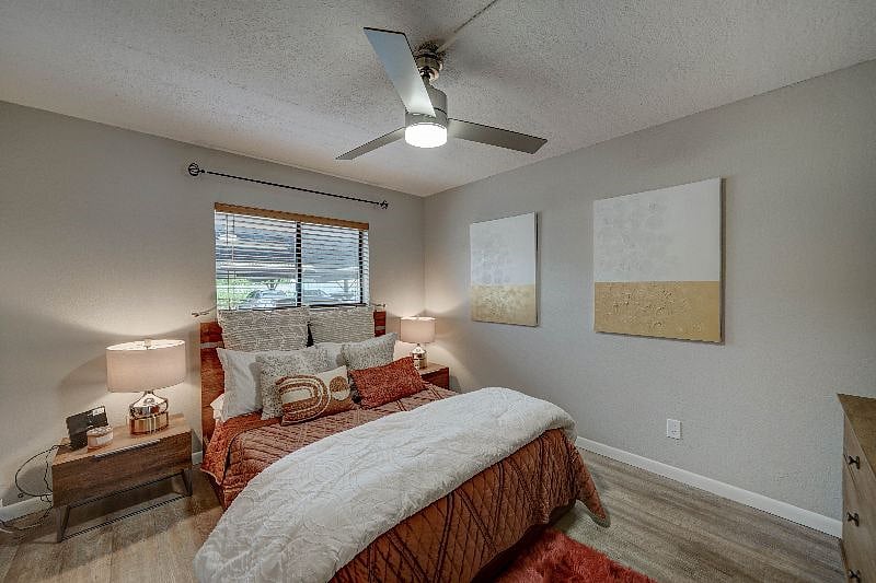 Queen sized bed, large dresser and a 50" Smart TV in the bedroom. Black out curtains have been added since photos were taken.
