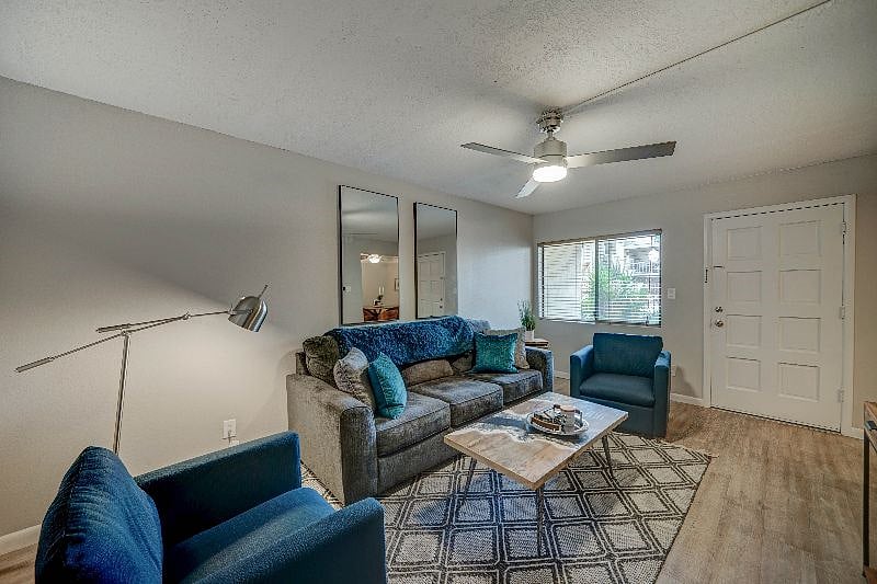 Entire unit is professionally decorated. Living room has plenty of seating and a 50" Smart TV with YouTube TV and Netflix. Couch has a queen sized hide-a-bed.