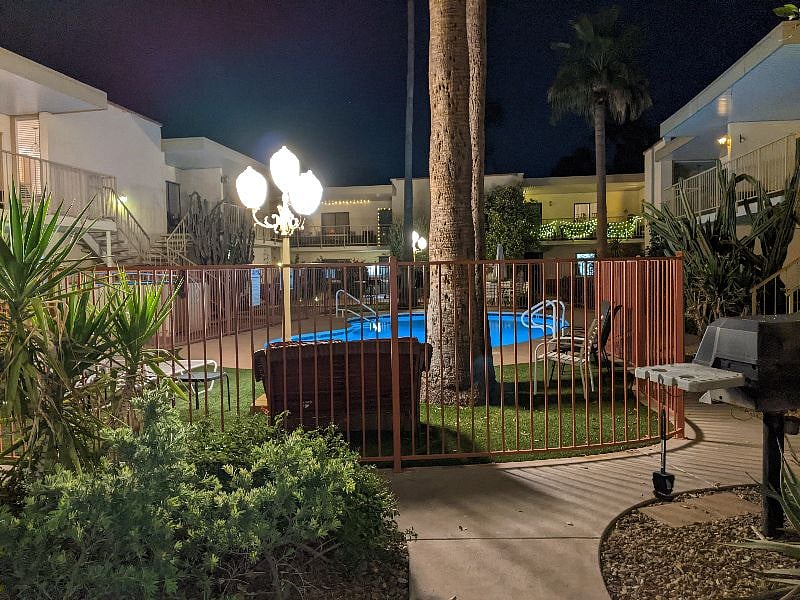 View of the pool at night. Pool is unheated.