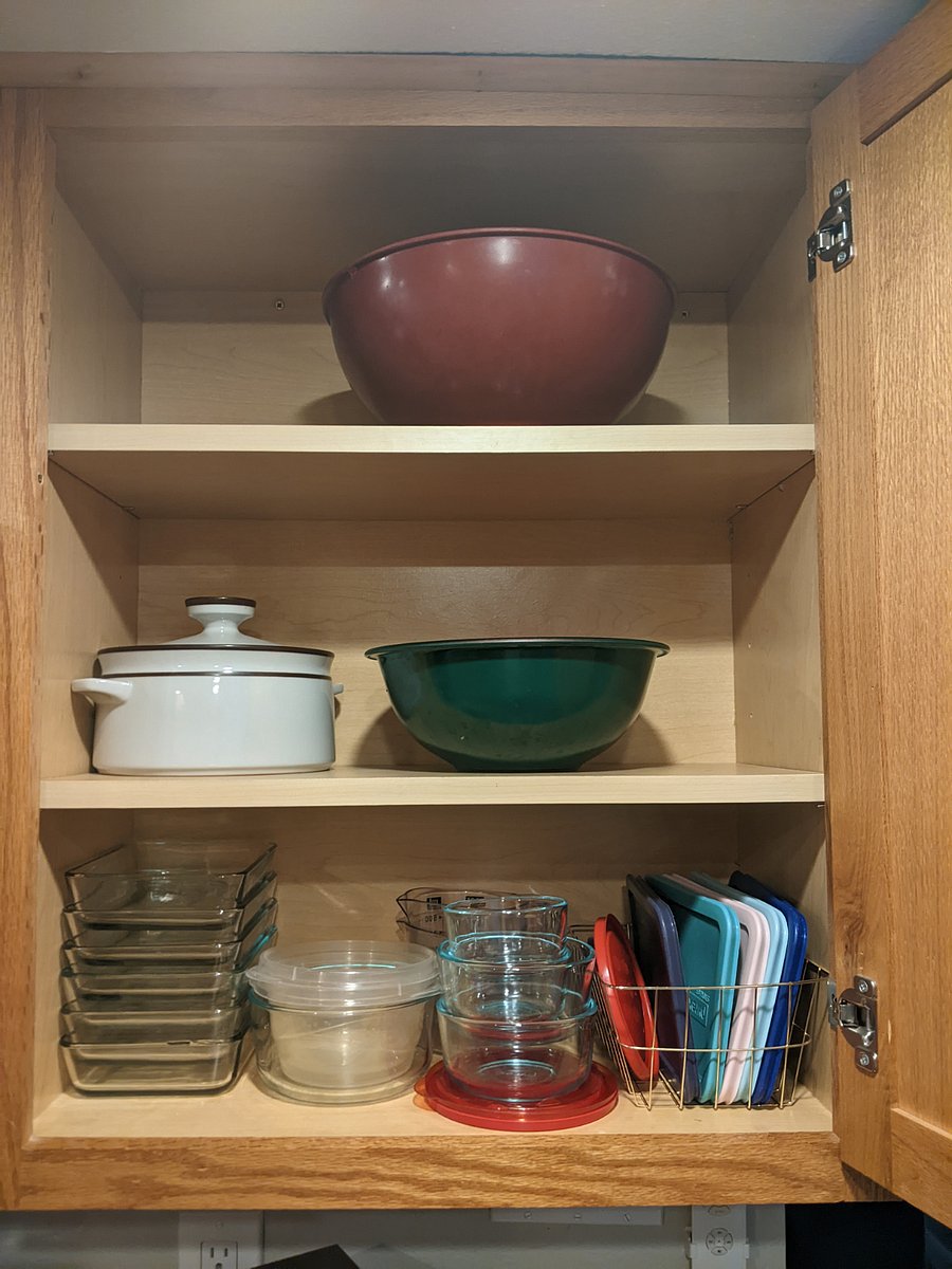 Fully stocked kitchen with pyrex dishes and mixing bowls