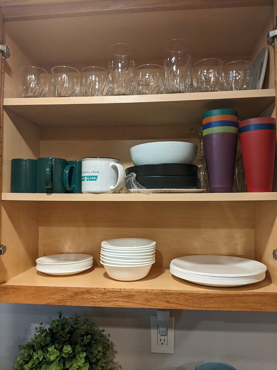 Large and small plates, bowls, coffee cups and plastic cups