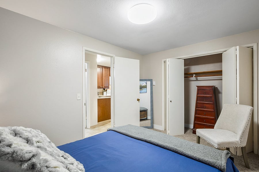 Full size mirror, large closet and full set of drawers.