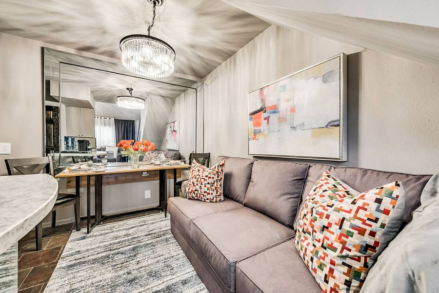 Living room into kitchen and dining.