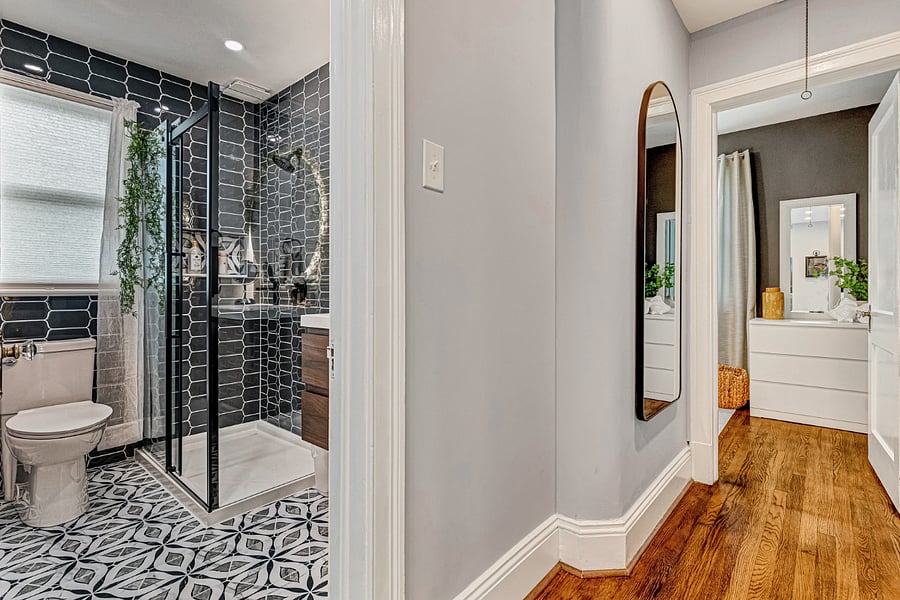 The bathroom and hallway leading to the silver bedroom.