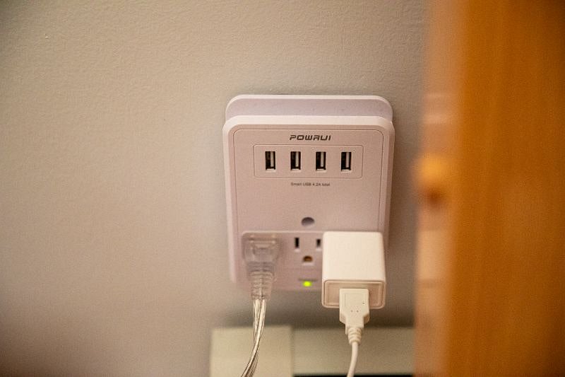 Charging station next to bed.