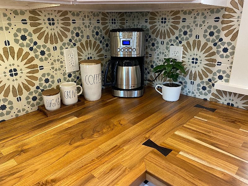 Teak countertops with under cabinet lighting