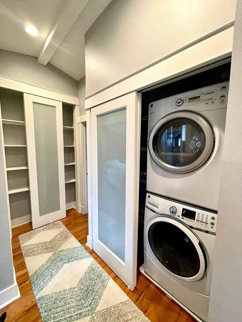 Large stacked washer and dryer.