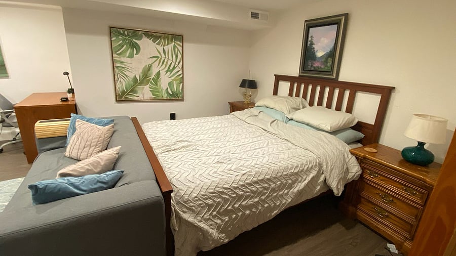 THIS is the current bed, a lovely new Queen that fits the space better