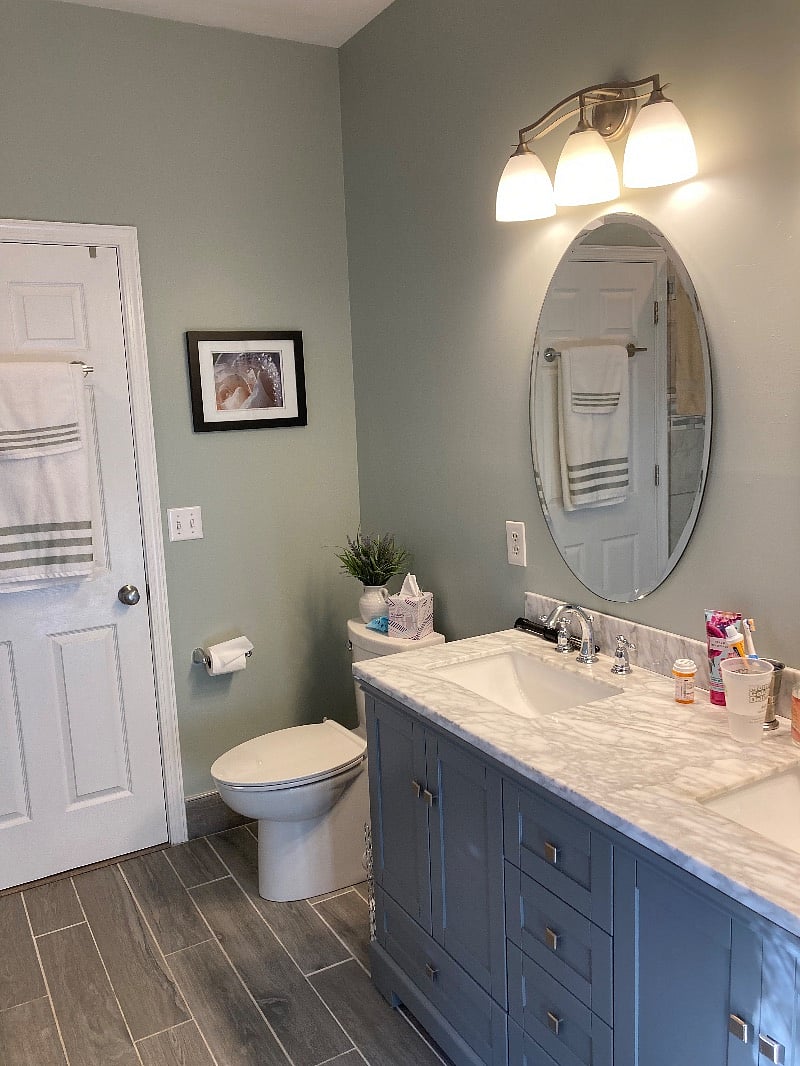 Primary en-suite bathroom with custom walk-in shower, leading to walk-in closet 