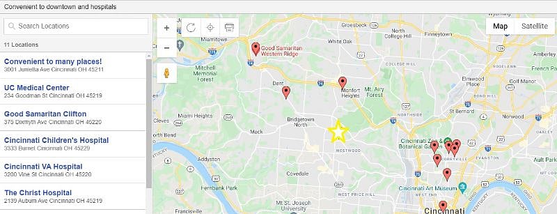 Property location relative to nearby medical facilities and downtown.