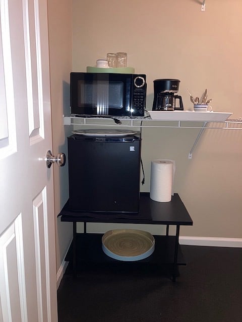 Small Refrigerator, Microwave, and Coffee Maker. Dishes and Silverware 