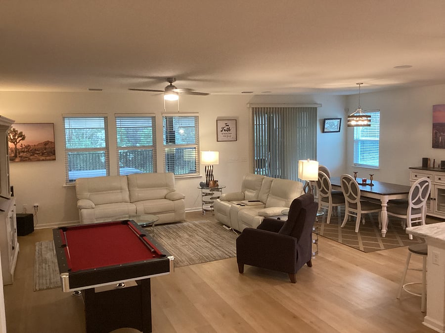 LOUNGE & DINING AREA - View sofa, chair and units, large TV, sofa, chairs and lamps, pool table