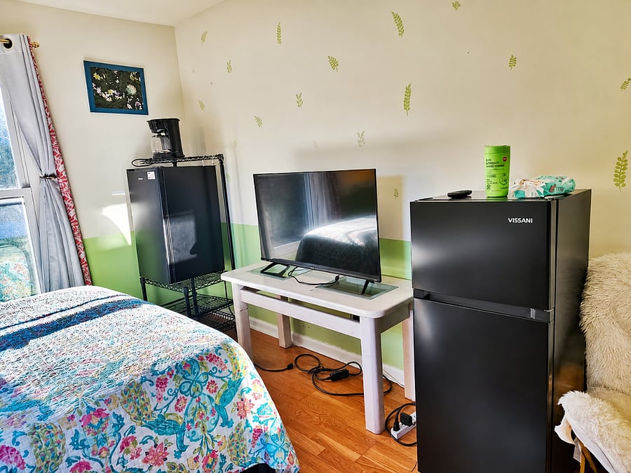 1st bedroom mid fridges and tv