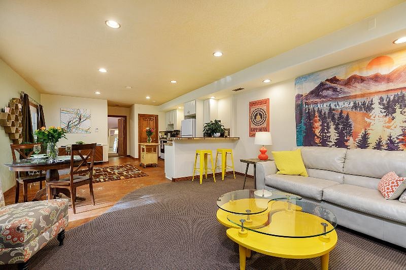 Your own fully private, 1,000 sq ft retreat: open-concept living, dining, and kitchen space with full-size appliances, fast WiFi, and room to relax after long shifts.
