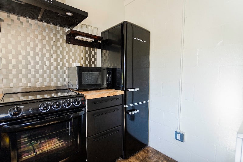 Kitchen appliances and retro-styled refrigerator.