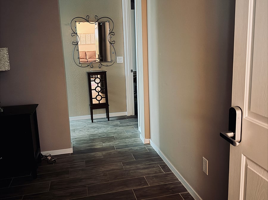View from master bedroom leading into master bathroom 