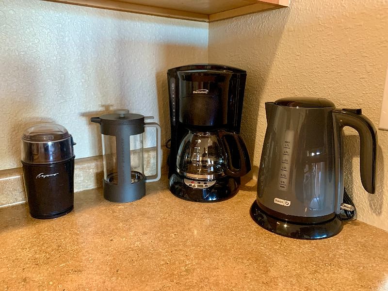 Coffee station! Grinder, press, drip and a kettle.