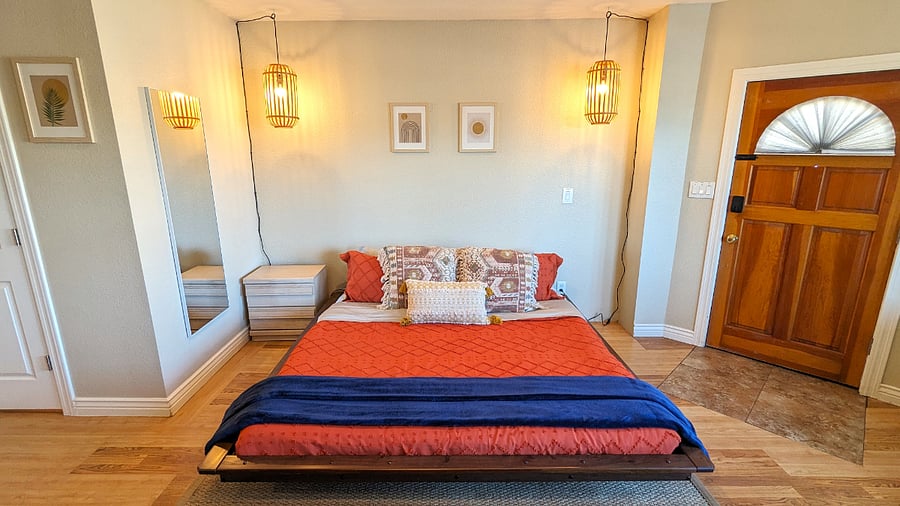 Memory foam king mattress with cozy down comforter.
