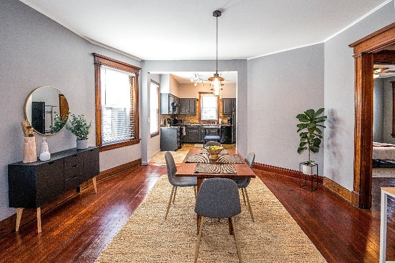 Spacious dining room as well as a desk.