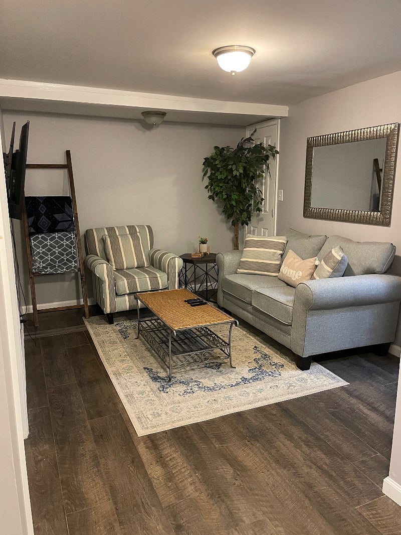 Comfortable living room with flat screen smart TV.