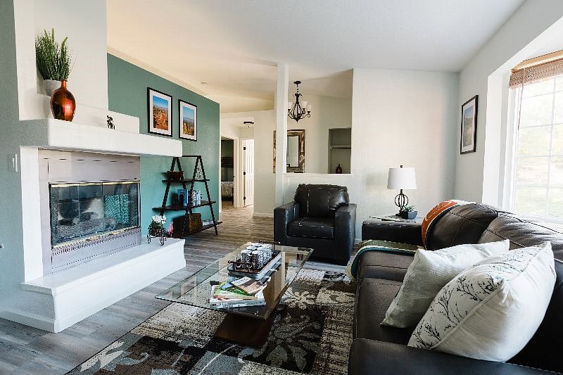 Here's the entire front room with its cozy fireplace.