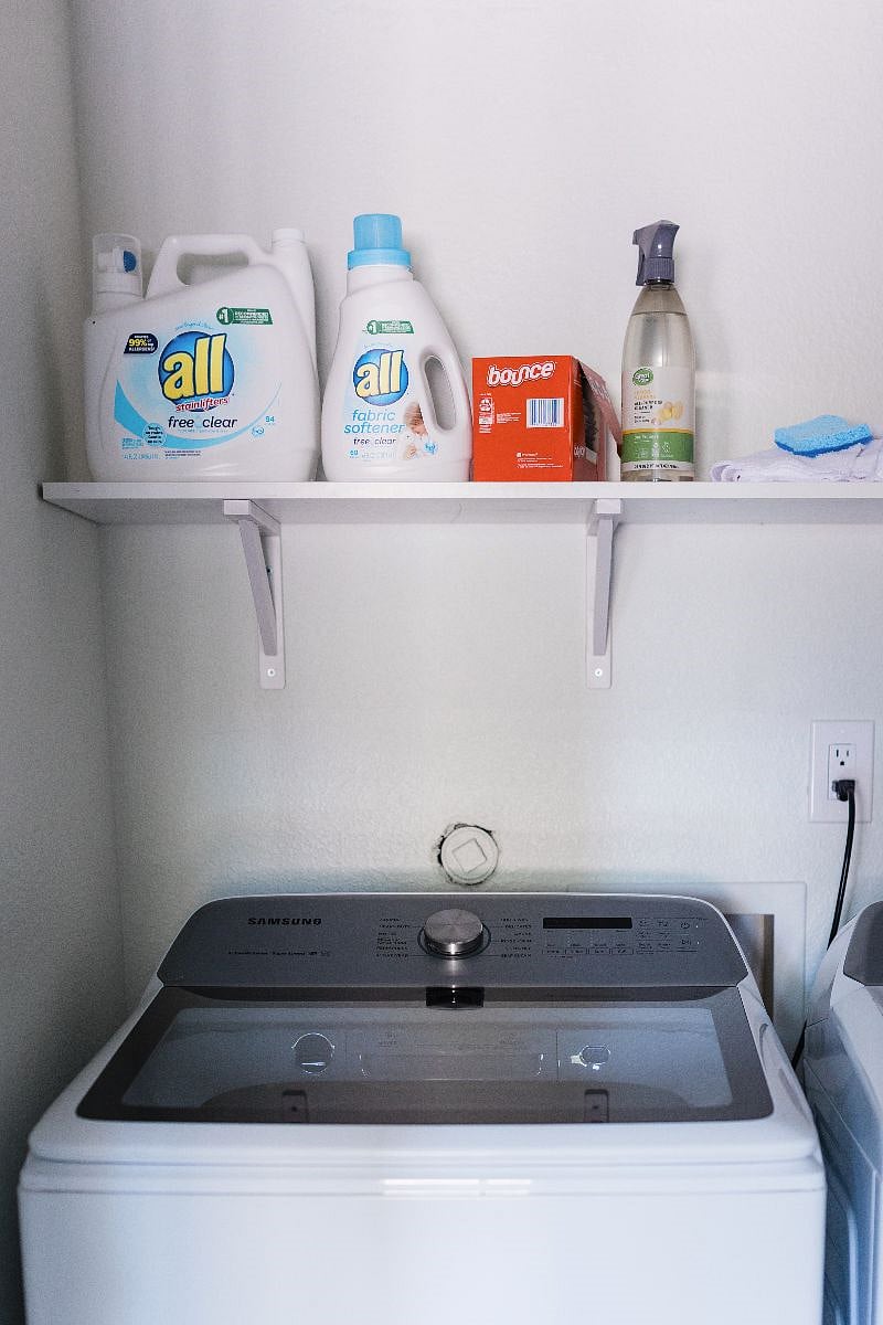 In addition to laundry supplies, we also have cleaning supplies, an iron with a portable ironing board, and a stepping stool in the laundry room for your convenience.