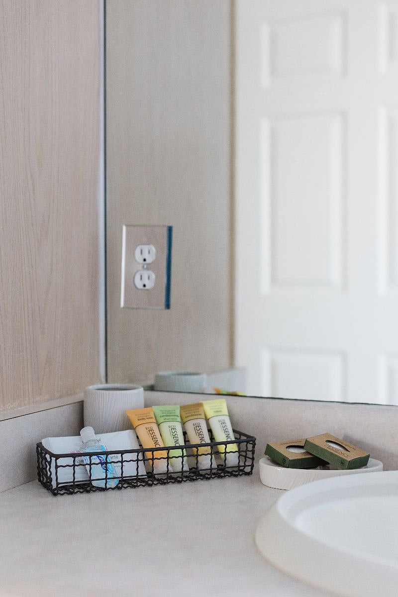 We provide you with individual-sized shampoo, conditioner, body wash, lotion, bar soap, and hand sanitizer.