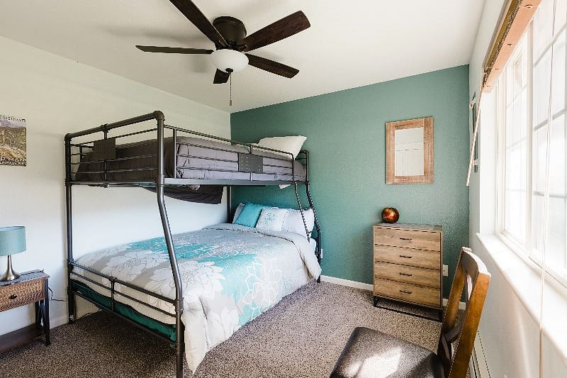 One of the two additional bedrooms. The bunk beds are Queen size on the bottom and full size on the top for your comfort. Both mattresses are Beautyrest Lively by Simmons Beautyrest.