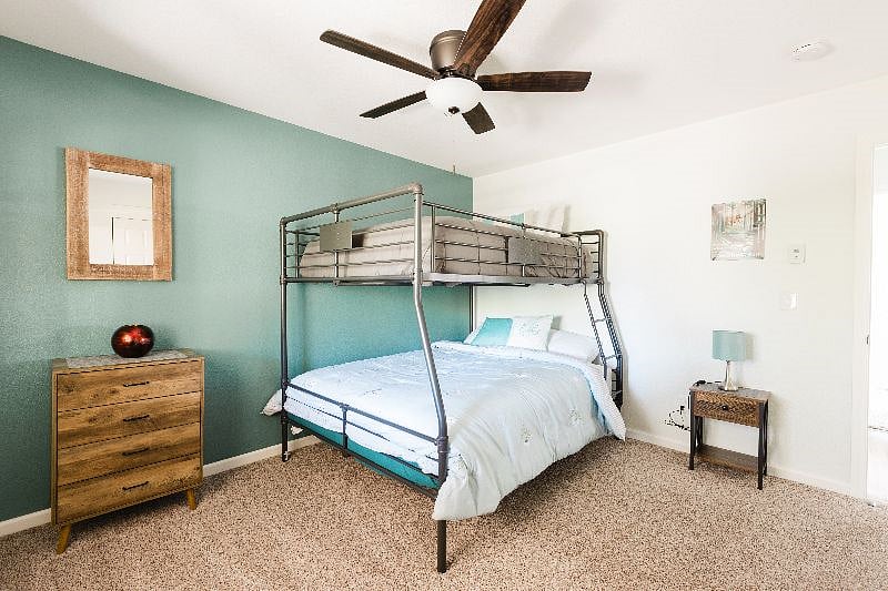 The bunk beds are Queen size on the bottom and full size on the top for your comfort. Both mattresses are Beautyrest Lively by Simmons Beautyrest.