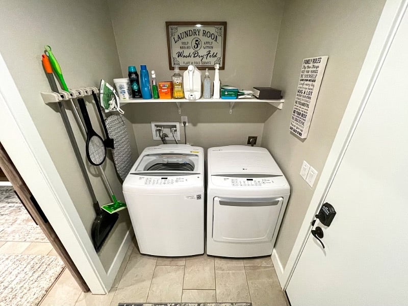Top loading LG washer and dryer with laundry soap is provided.