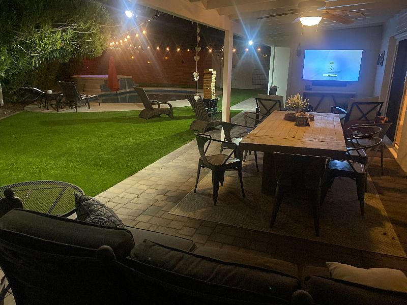 outdoor TV sound system and dining table 
