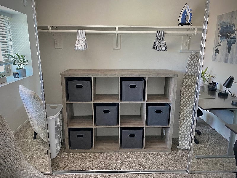 functional cube shelving in oversized closet