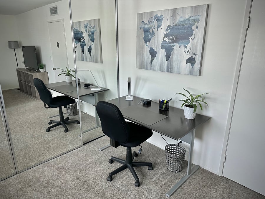 desk workspace with multiple charging ports