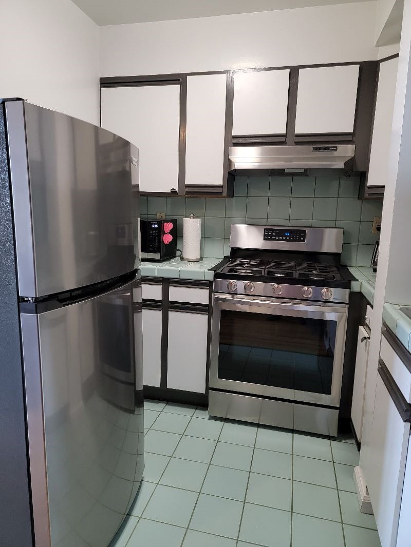 Stainless appliances, full size fridge, gourmet gas stove with convection oven.