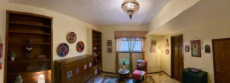 The Bonus Room, known as the Moroccan Room boasts a Murphy Bed cabinet and a ceiling lamp hauled all the way from Marrakech!

