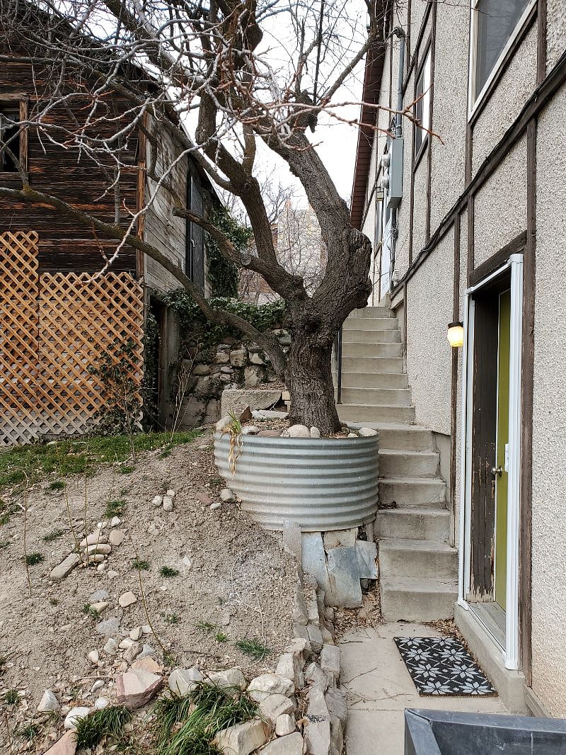 Very narrow stairs coming down from the parking area.