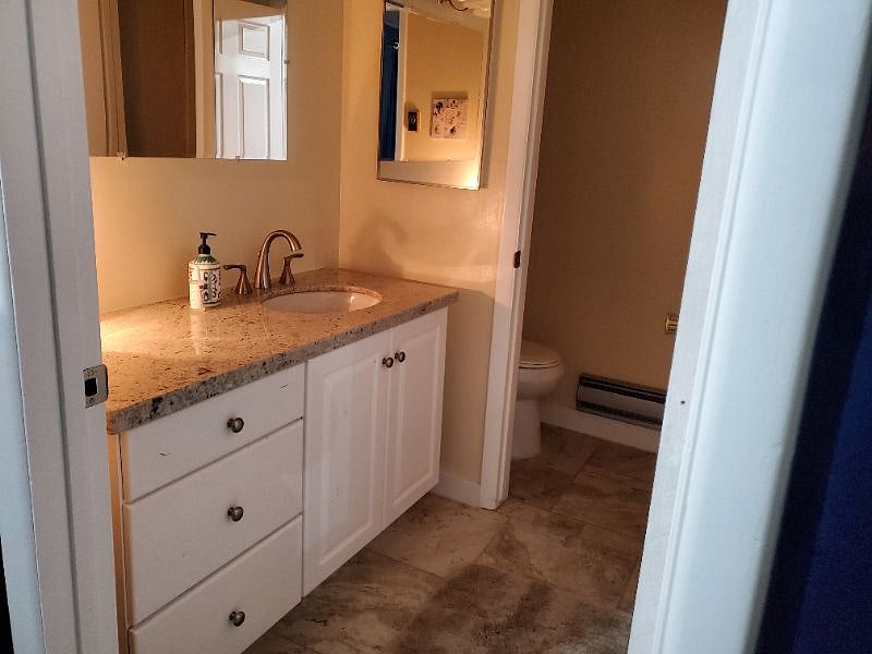 Sink and shower room with a separate toilet room.