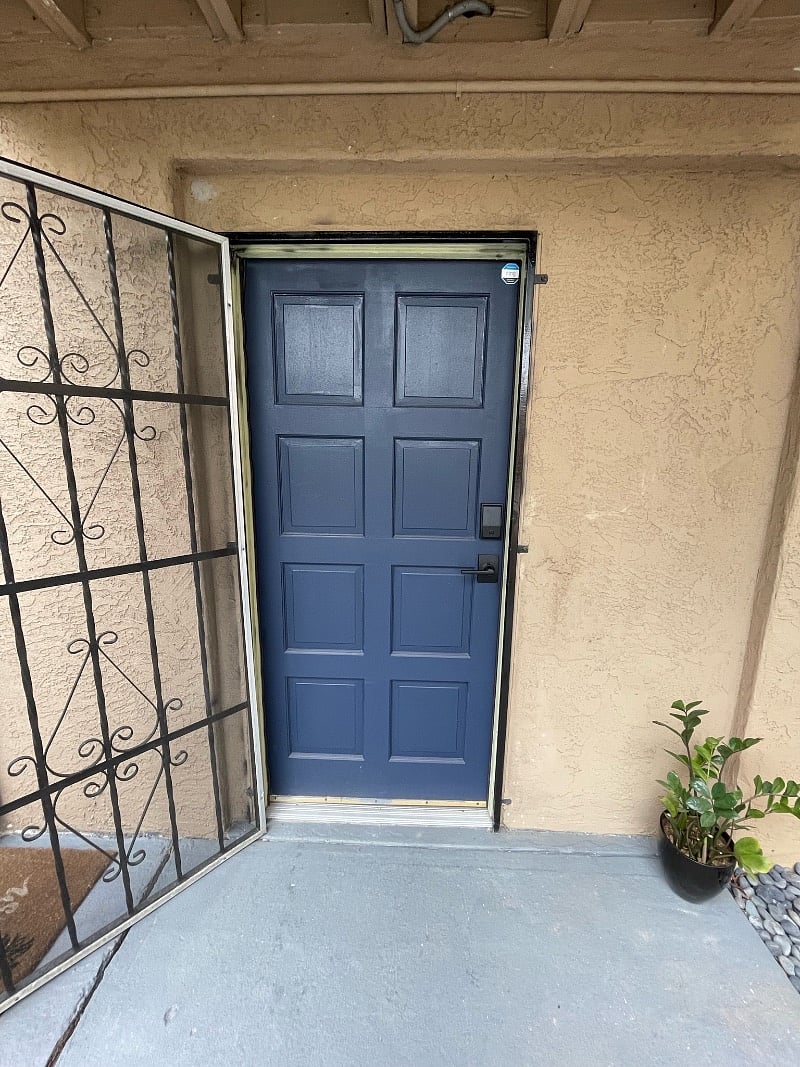 Private entry with coded lock.