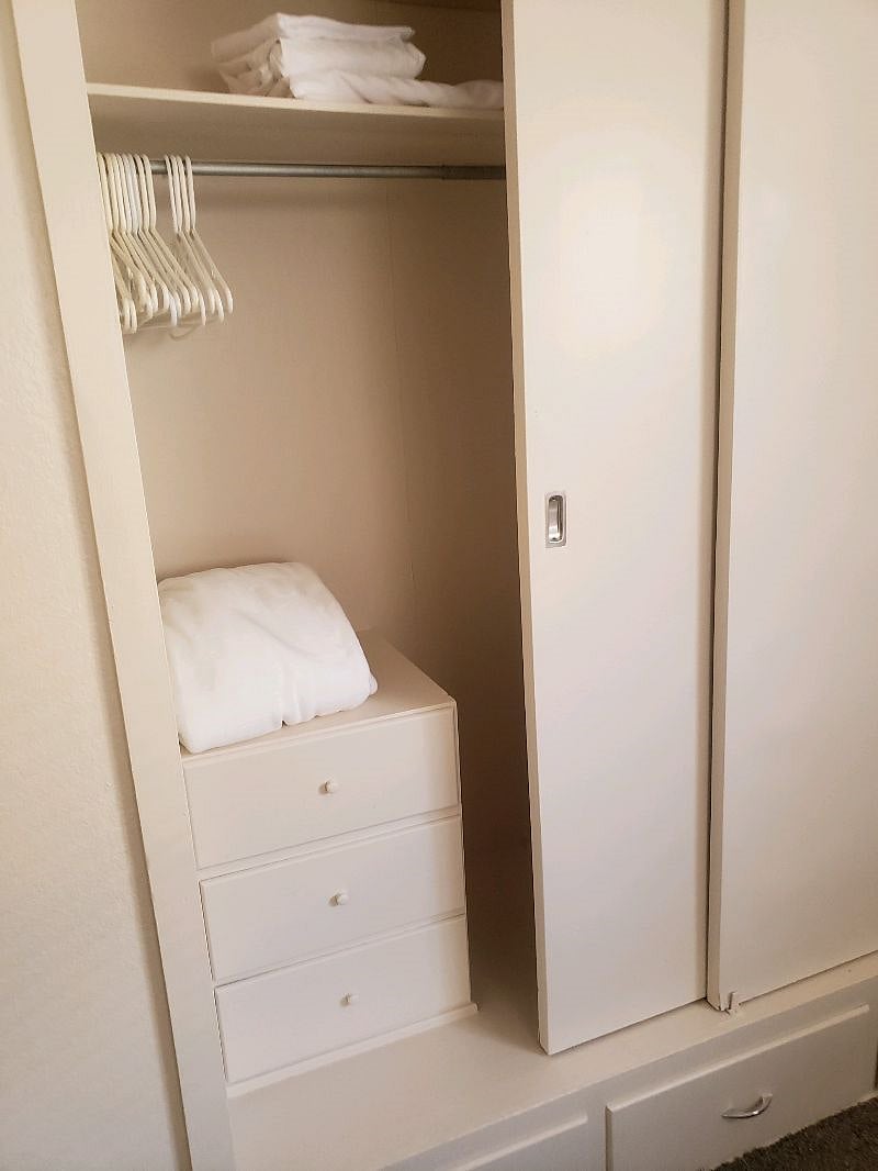 master bedroom and other bedrooms have 3 drawer chest and then 3 drawers on the outside of the closet, extra sheets, blanket, fire extinguisher, hangers and close hampers.