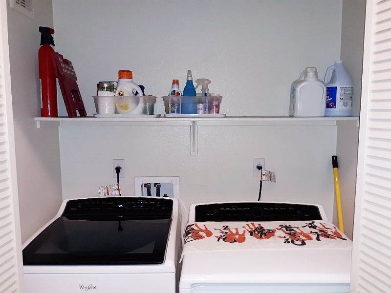 Upstairs near top of stairs: 6 yr old washer and gas dryer. Easy to use and has water saving settings