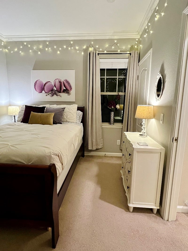 Macaron-themed bedroom with full-sized bed and memory foam mattress topper