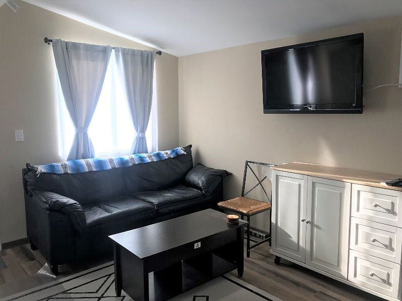 Living area with comfy leather couch and 50" TV complete with a firestick