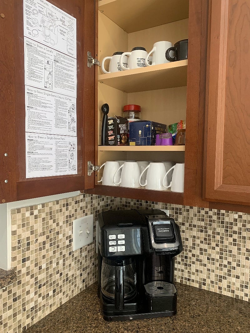 Coffee Area.  Coffee Maker does single cup or carafe brew.  Reusable K-cups there to use for your favorite flavor.  