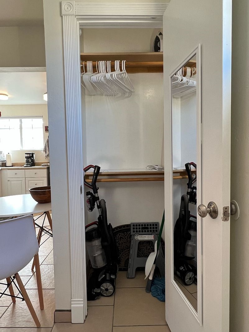 Plenty of storage - closet, large dresser, built in wall shelving. Cleaning supplies included!