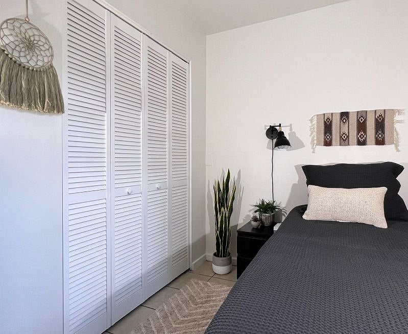TWIN BEDROOM with large closet, Quality Linens, New Quality Mattress, Great Natural Light and Room Darkening Window Treatments for a great night's sleep!  Desk Nook with comfortable office chair
