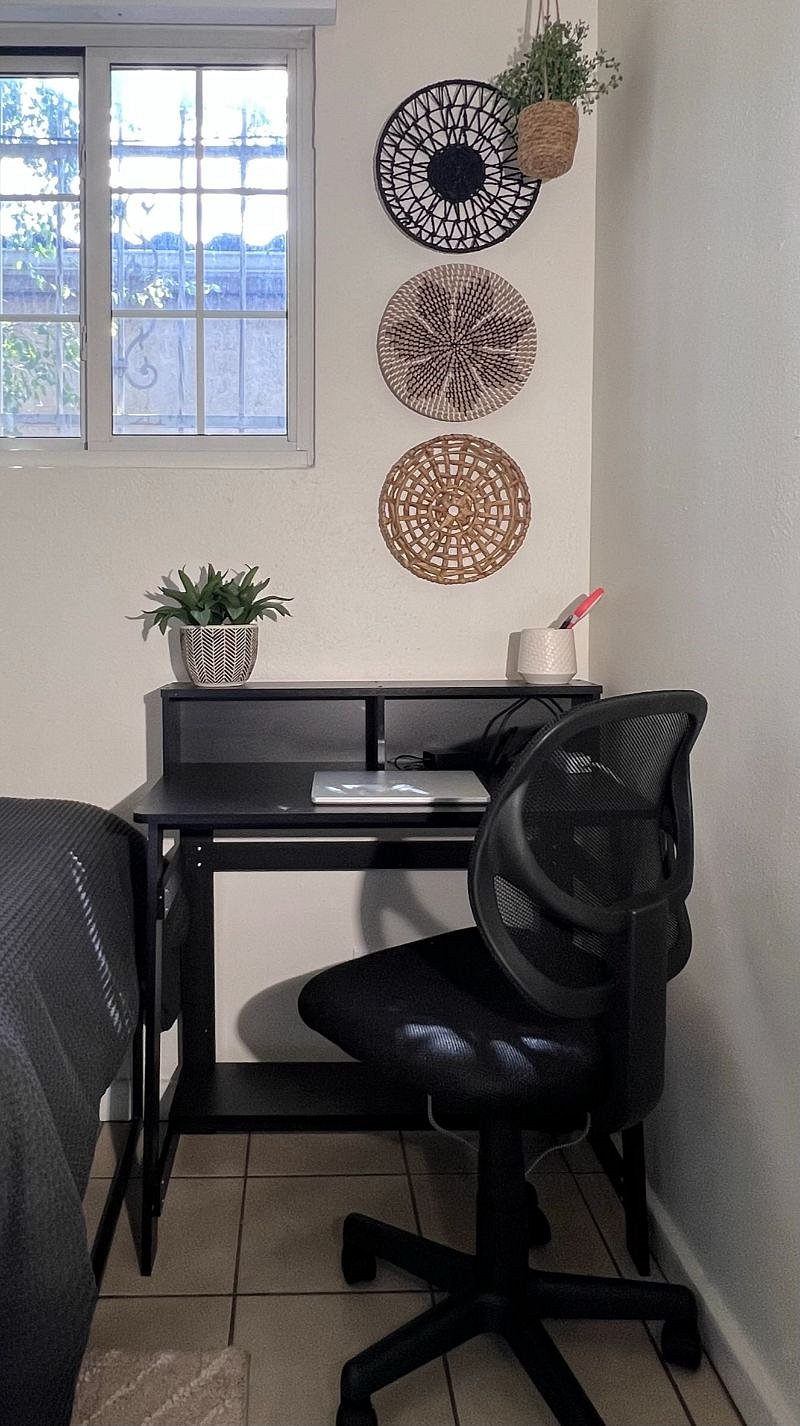 DESK NOOK in Twin Bedroom - work desk, comfortable chair, & USB power cord