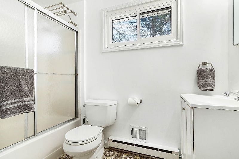 Upstairs bathroom, hair dryer provided.