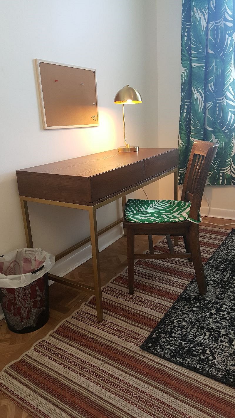 Desk, lamp, chair, bulletin board