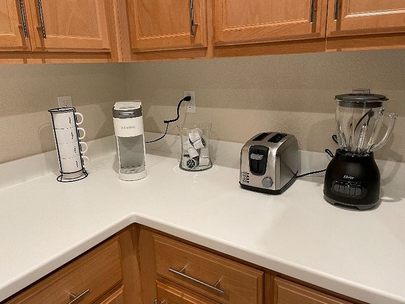 Kitchen essentials we include are a Keurig coffee maker, toaster, blender, Magic bullet, toaster oven, dish ware, pots and pans, food storage containers, and more!
